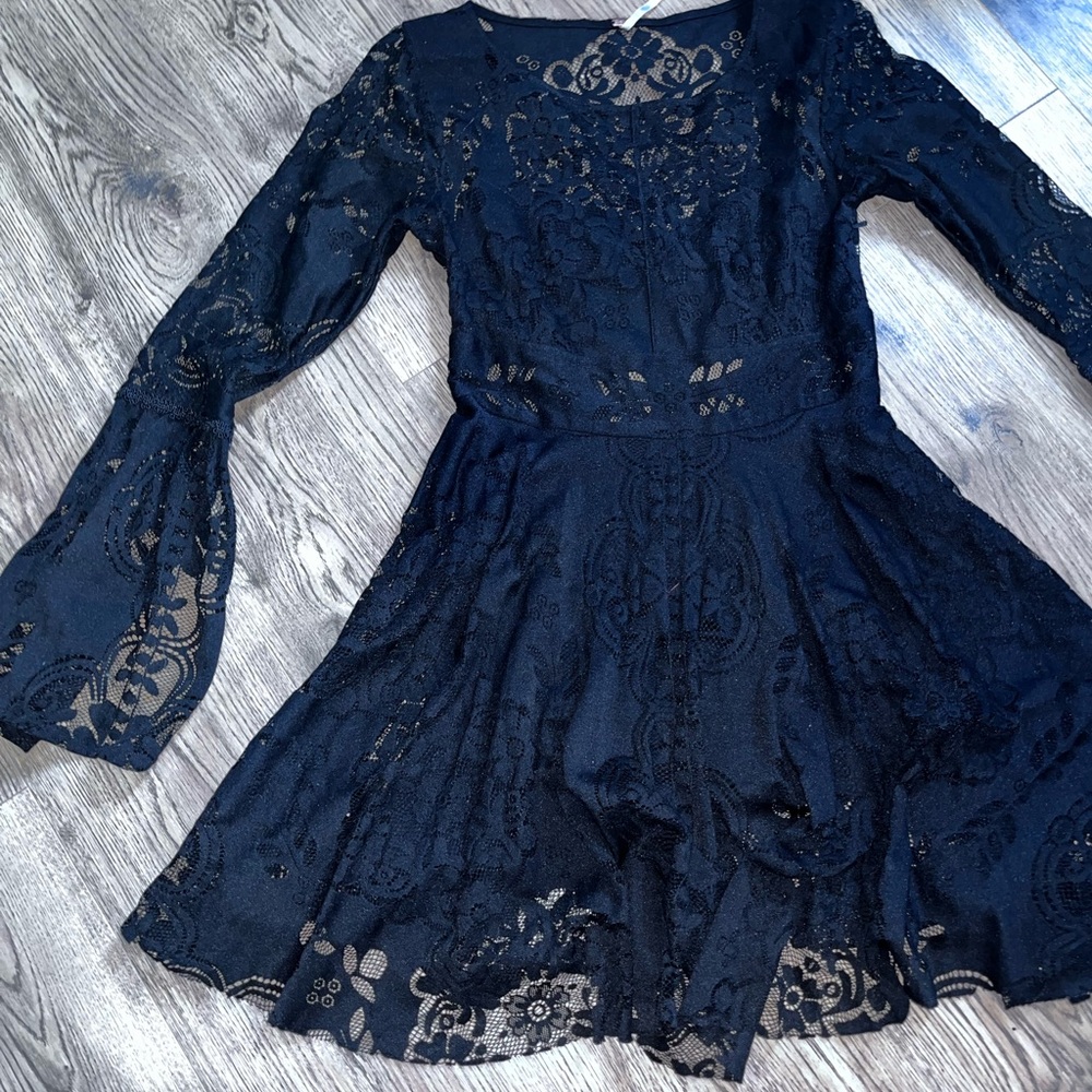 Free People Black Lace Dress (M) Romantic Coquette Sheer Layered